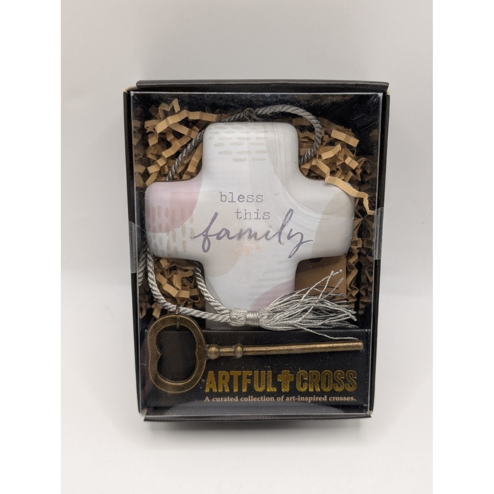Demdaco Artful Cross Bless This Family Desk Decor Hanging Ornament with Key